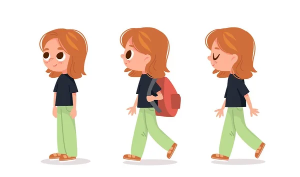 ベクトルセット 様々なポーズで大きな目と赤い髪をした小さな女の子 立って歩いている 漫画家 — ストックベクタ