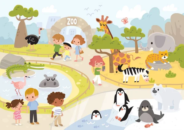 Families Minor Children Walking Zoo See Animals Zoo Trip Family Stockillustration