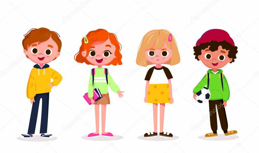 Set of school kids with school supplies.Pupils with books and backpacks. vector.Set of preschoolers children teenagers characters in different poses,clothes,wear. Children fashion models.Kids apparel.