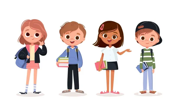 Ensemble Écoliers Avec Fournitures Scolaires Elèves Enfants Avec Livres Sacs — Image vectorielle