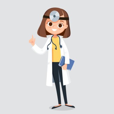 Kadın doktor, sağlık uzmanı, beyaz önlüklü doktor, boynunda steteskop olan doktor önlüğü, ayakta. Vektör çizimi. Düz tasarım.