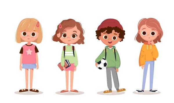 Conjunto Niños Edad Preescolar Adolescentes Personajes Diferentes Poses Ropa Desgaste — Vector de stock