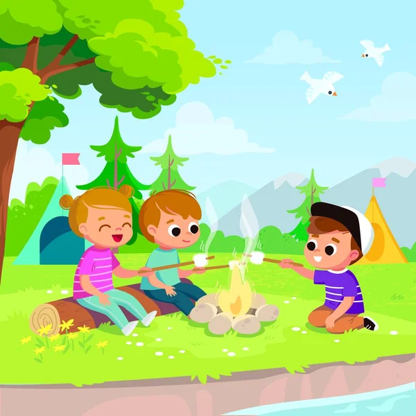 Gruppo Bambini Seduti Accanto Camino Nel Campo Estivo Arrostire Marshmallow — Vettoriale Stock