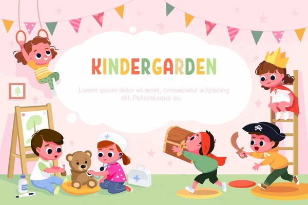 Kinder Spielen Zusammen Spielzimmer Der Vorschule Kindergarten Kinder Spielen Piraten — Stockvektor