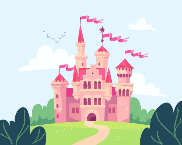 Візуальне Зображення Дітей Фея Рожевого Замку Середньовічна Казкова Магічна Фортеця Ліцензійні Стокові Вектори