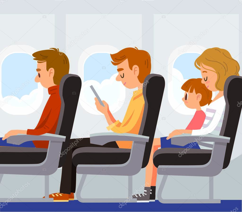 Airplane passengers sitting on their seats at cabin on a plane flight. flying by plane