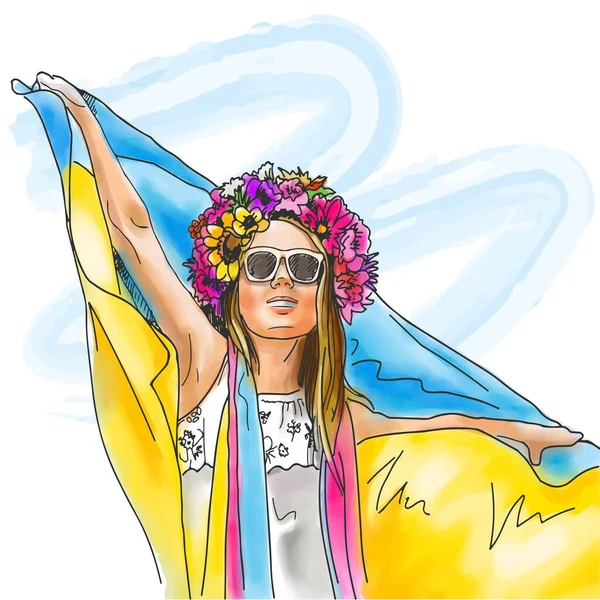 Menina Ucraniana Coroa Bandeira Aquarela —  Vetores de Stock