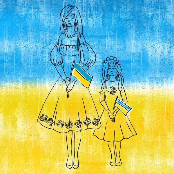 Bandera Ucraniana Símbolo Niña Madre — Vector de stock