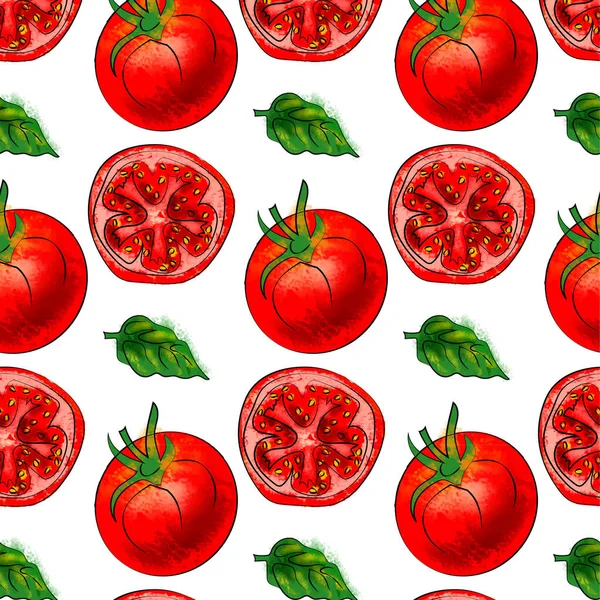 Tomater Basilika Akvarell Mat Mönster — Stock vektor
