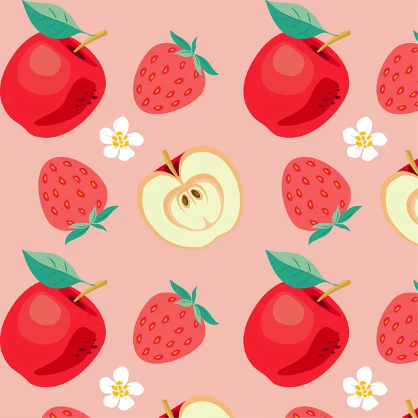 Set Seamless Patterns Strawberry Strawberries Cherry Apples Leaves — ストックベクタ