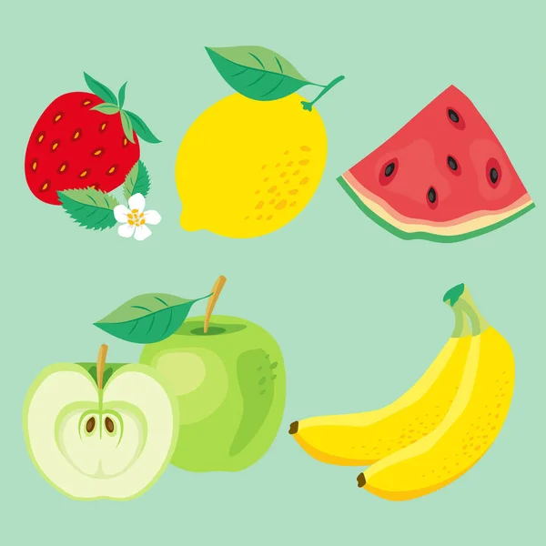 Fruits Fresh Pear Fruit Apple Strawberry Cartoon Illustration Vector —  Vetores de Stock