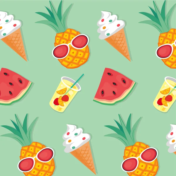 Sommerurlaub Tropische Früchte Wassermelone Ananas Cocktail Eis Erdbeere — Stockvektor