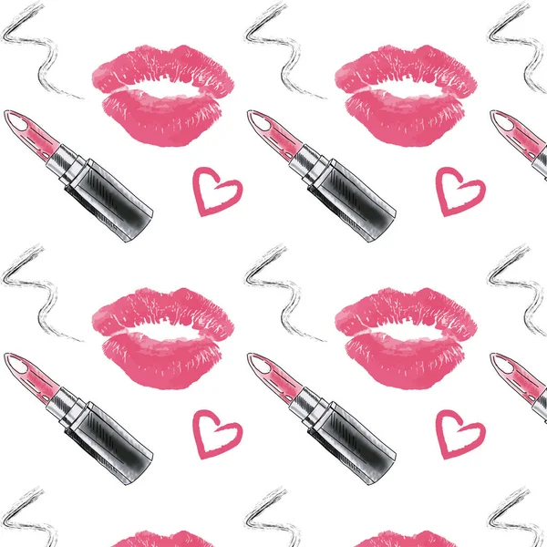 Pink Lipstick Pomade Black Ink Pattern — Stock Vector