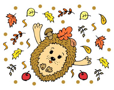 Karalama çizimi, el çizimi neşeli kirpi elleri havada, elmalar ve parlak sonbahar yaprakları, poster, bayrak