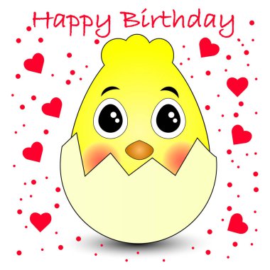 İllüstrasyon, doğum günün kutlu olsun ya da sevgililer günün kutlu olsun. Kabuklu parlak sarı tavuk. Kutlarım bayramı çocuklar.