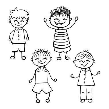 Çocukların çizimleri, el çizimleri farklı komik çocuklar, siyah taslak, posterler, afişler, çocukların çizimleri