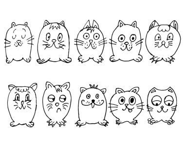 Çocuklar için karalama çizimi, beyaz arka planda tuhaf şekiller çizilmiş kediler, tekstil için, duvar kağıdı için