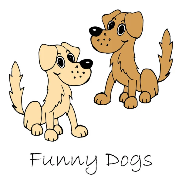 Kritzelillustration Für Kinder Gezeichnete Lustige Bunte Hunde Auf Weißem Hintergrund — Stockvektor
