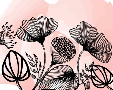 İllüstrasyon, el yapımı gölgeli haşhaş çiçekleri pembe suluboya arka plan, kartpostal, poster, afiş