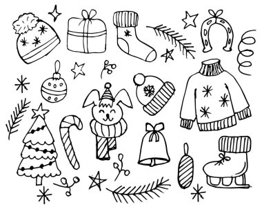 Noel illüstrasyonu, yeni yılın el çizimi sembolleri, Noel ağacı, top, at nalı, çan, hediye, şapka, çorap ve diğerleri için karalamalar, tekstil, kağıt