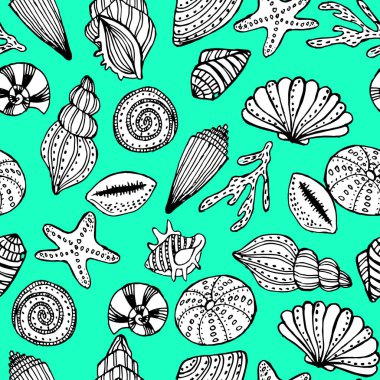 İllüstrasyon, deniz temasında pürüzsüz desen, el yapımı deniz kabukları, deniz yıldızı, turkuaz arka planda mercanlar, tekstil için, kağıt.