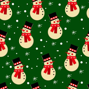 Kusursuz bir Noel deseni, kar taneleri, tekstil ve hediye ambalajlı arka planda şapkalar ve eşarplar takan sevimli kardan adamlar.
