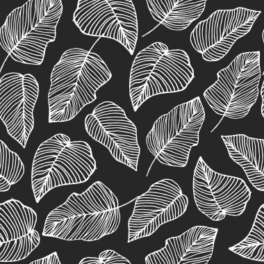 Resim, pürüzsüz desen, gri arka planda farklı yaprakların el çizimi beyaz çizgi, tekstil, duvar kağıdı.