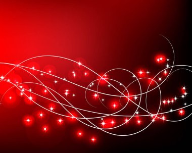 Soyut tatil illüstrasyonu, 3D, parlak kırmızı arka planda dönen ve parlayan yıldızlar, kartpostal, poster