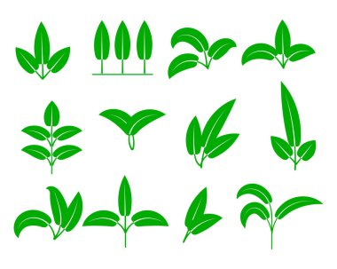 Ekolojik illüstrasyon, çıkartmalar, beyaz arka planda yeşil yapraklardan simgeler, çevre dostu ürünler için tasarım