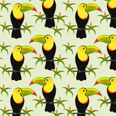 Resim, pürüzsüz desen, parlak çok renkli papağanlar ve beyaz arka planda tropikal egzotik çiçekler, duvar kağıdı için tasarım, tekstil.