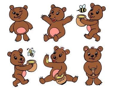 İllüstrasyon, beyaz arka planda bal ve arılarla farklı pozlarda komik oyuncak ayılar seti, duvar kâğıdı ve tekstil için tasarım