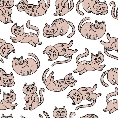 Çocuklar için kusursuz desenler, farklı pozlarda el çizimi parlak komik kediler, karalamalar, tekstil için, duvar kağıdı için