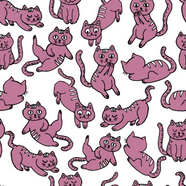 Çocuklar için kusursuz desenler, farklı pozlarda el çizimi parlak komik kediler, karalamalar, tekstil için, duvar kağıdı için