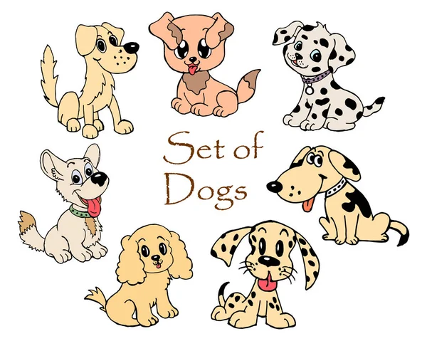 Illust Conjunto Desenhado Mão Brilhante Diversos Cachorros Engraçados Cães Fundo — Vetor de Stock
