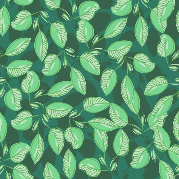 Seamless Pattern Drawn Scenic Abstract Green Leaves Background Shadow Wallpaper — Stock Vector