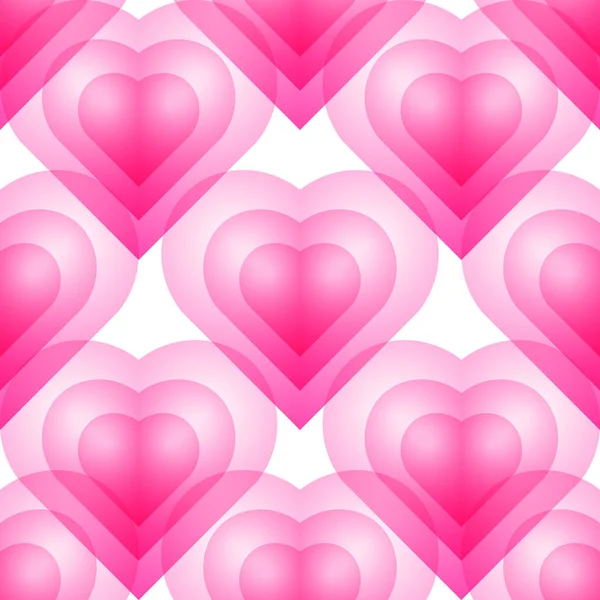 バレンタインデーのためのシームレスなパターン 白い背景のパステルカラーのピンク透明心 オーバーレイ効果 テキスタイル — ストックベクタ