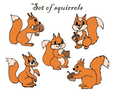 El çizimi komik kırmızı sincaplar, meşe palamudu ve fındıklı, tekstil, duvar kağıdı, kağıt