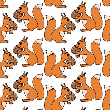 Kusursuz desenli, el çizimi, mantarlı komik kırmızı sincaplar, tekstil, duvar kağıdı, kağıt