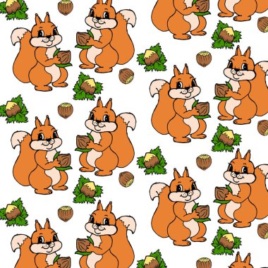 Kusursuz desenli, el çizimi, fındıklı komik kırmızı sincaplar, tekstil, duvar kağıdı, kağıt