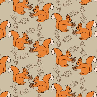 Kusursuz desenli, el çizimi komik kırmızı sincaplar ve meşe palamutları, tekstil, duvar kağıdı, kağıt