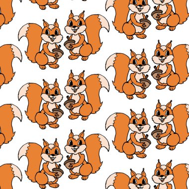 Kusursuz desenli, el çizimi komik kırmızı sincaplar ve meşe palamutları, tekstil, duvar kağıdı, kağıt