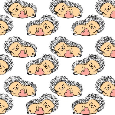 Kusursuz desenler, el çizimi sevimli komik uyuyan kirpiler, tekstil, çocuklar için duvar kağıdı.