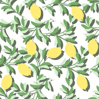 Kusursuz desen, 3D baskı, beyaz arka planda yaprakları olan limonlar, tekstil, duvar kağıtları.