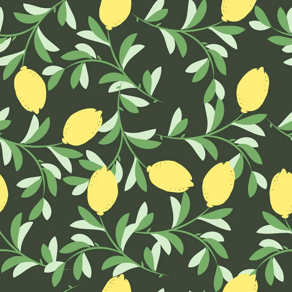 Бесшовный Узор Печать Лимоны Листьями Темном Фоне Текстиль Обои — стоковый вектор