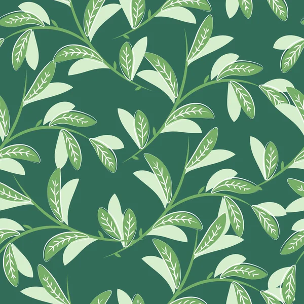 緑の背景にパステル調の色合いの葉を持つシームレスなパターン 描画小枝 — ストックベクタ