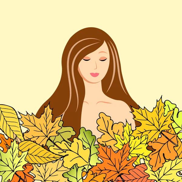 Illustration Automne Jeune Fille Dessinée Aux Cheveux Longs Feuilles Automne — Image vectorielle