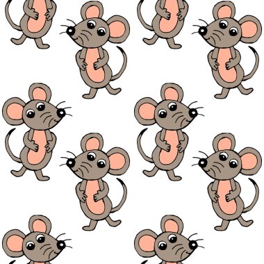 Kusursuz desen, beyaz arka planda el çizimi komik gri-pembe fareler, çocuklar için baskı, tekstil, duvar kağıdı