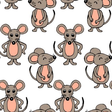 Kusursuz desen, beyaz arka planda el çizimi komik gri-pembe fareler, çocuklar için baskı, tekstil, duvar kağıdı