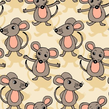 Kusursuz desen, sarı arka planda el çizimi komik gri-pembe fareler, çocuklar için baskı, tekstil, duvar kağıdı