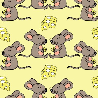 Kusursuz desen, sarı arka planda el çizimi komik gri-pembe fareler, çocuklar için baskı, tekstil, duvar kağıdı